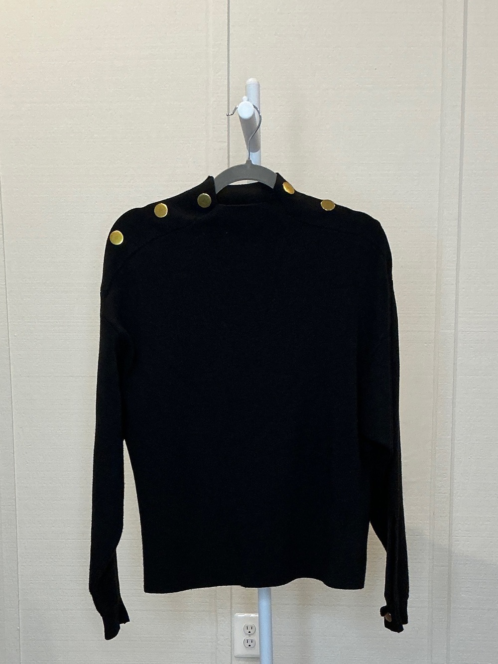 Sandro Mock Neck Black Sweater with Gold Shoulder Buttons